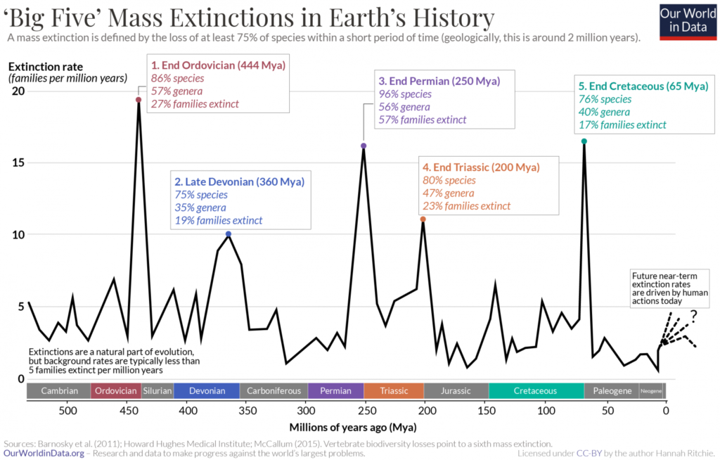 Illustrates 5 mass extinctions on a timeline and asks if we are now in the midst of the 6th mass extinction. The solution for this loss of biodiversity depends on how we choose to move forward.